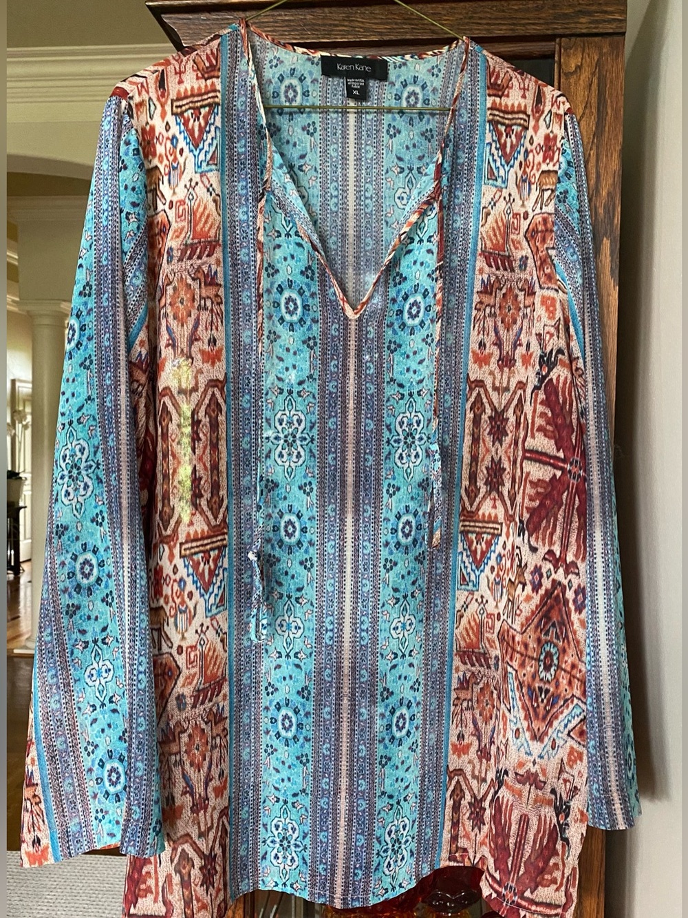 Karen Kane Turquoise Rust Cream Patterned Tunic XL